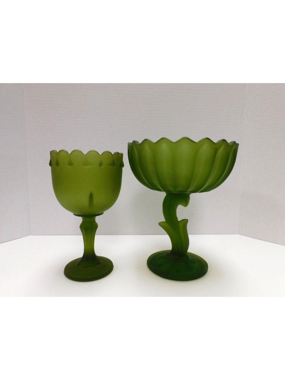 Set of 2 Green Satin Indiana Glass Pedestal Candy Dishes DW349